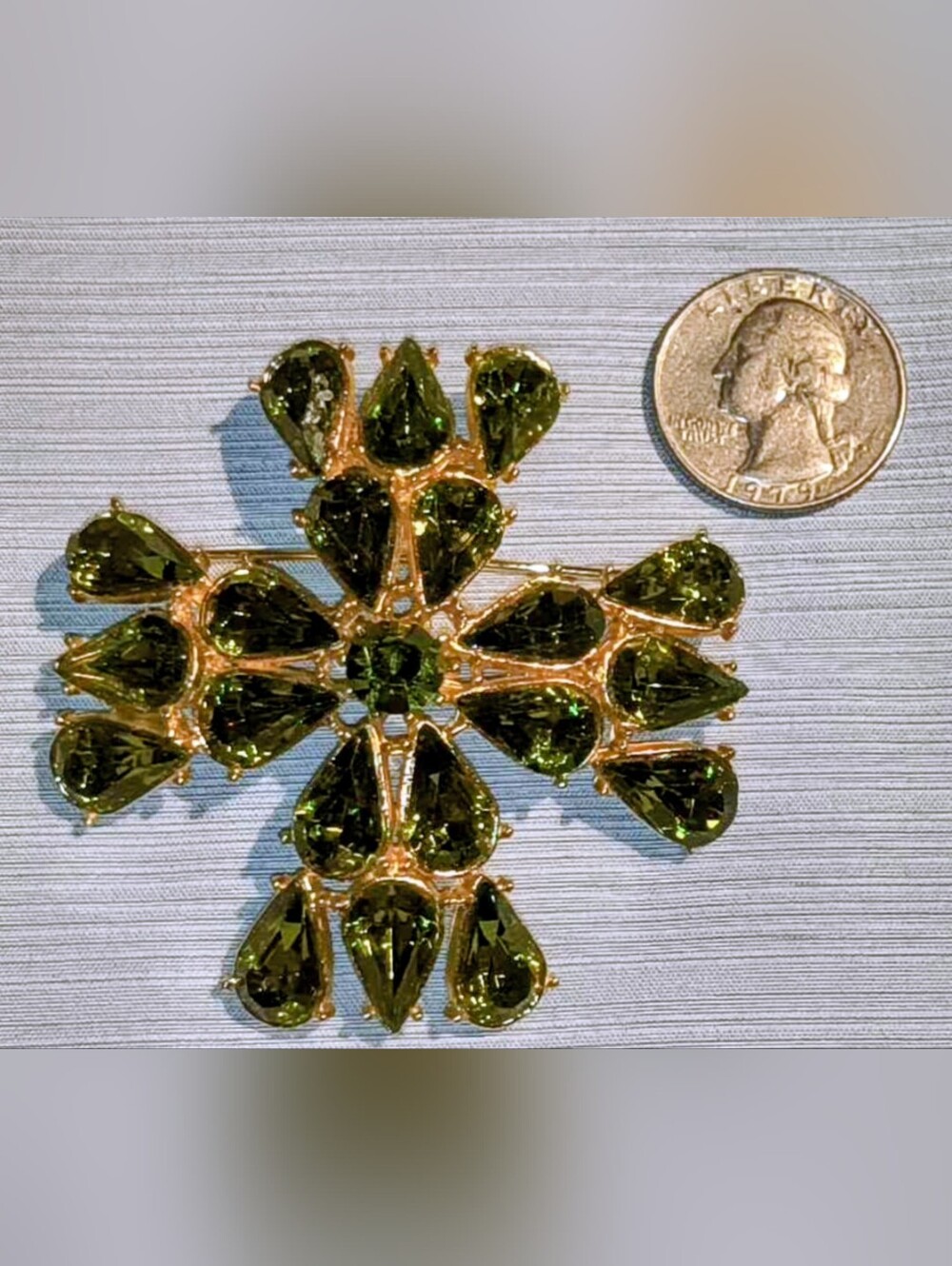 Gold-Tone Olive Green Teardrop Crystal Snowflake Brooch